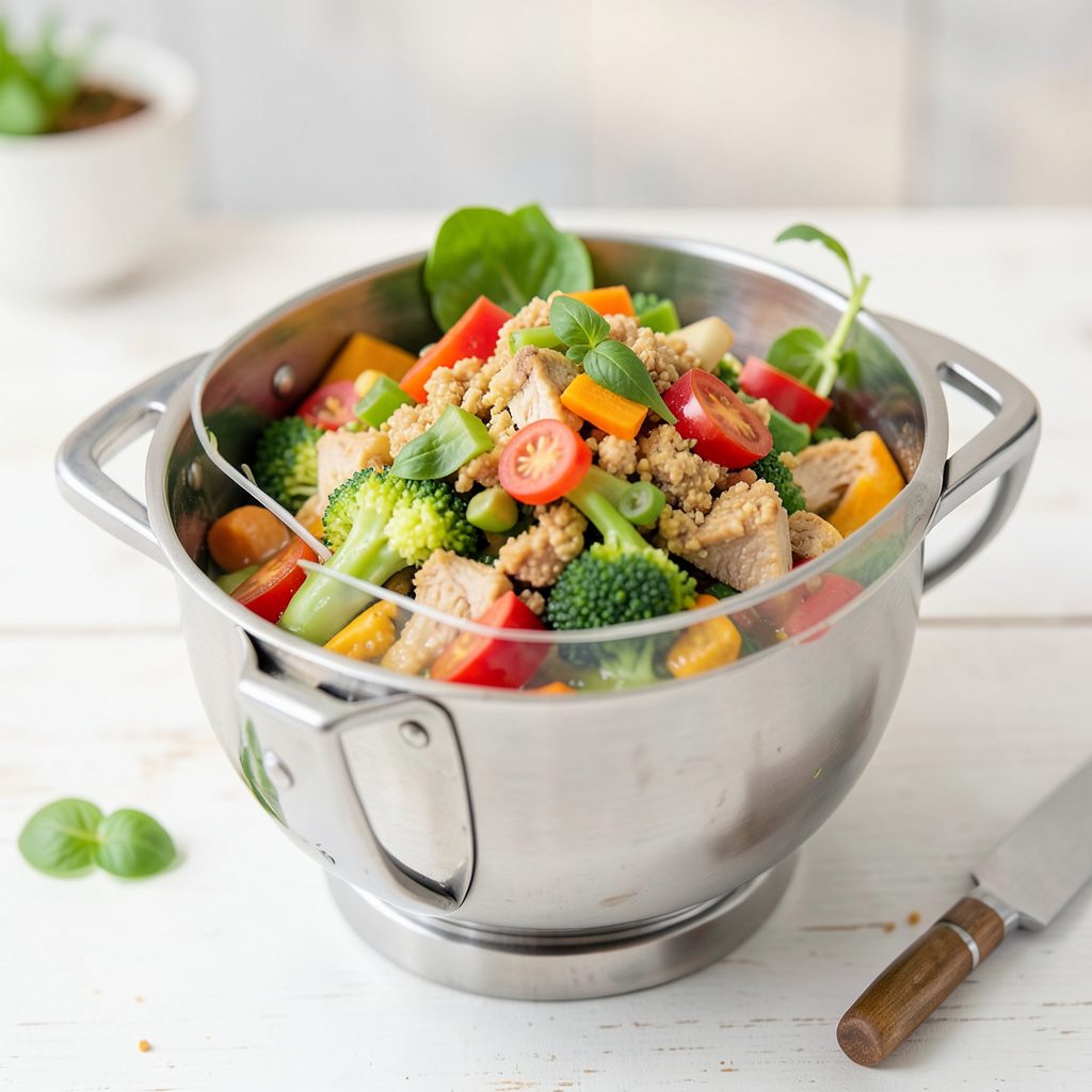 Preparação vegetariana na Bimby com legumes frescos e ervas, tons verdes e amarelos suaves, ambiente de cozinha acolhedor.