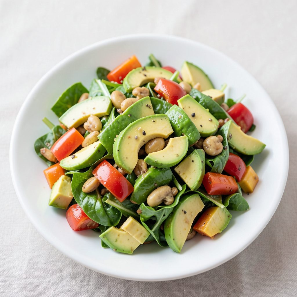 Tigela de salada de grão com abacate, tomate e ervas frescas sobre uma mesa rústica, tons verdes e terrosos