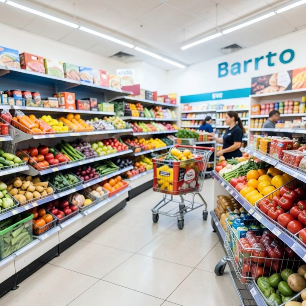 Interior de um supermercado bem iluminado com corredores organizados e prateleiras repletas de produtos, tons quentes e ambiente acolhedor.